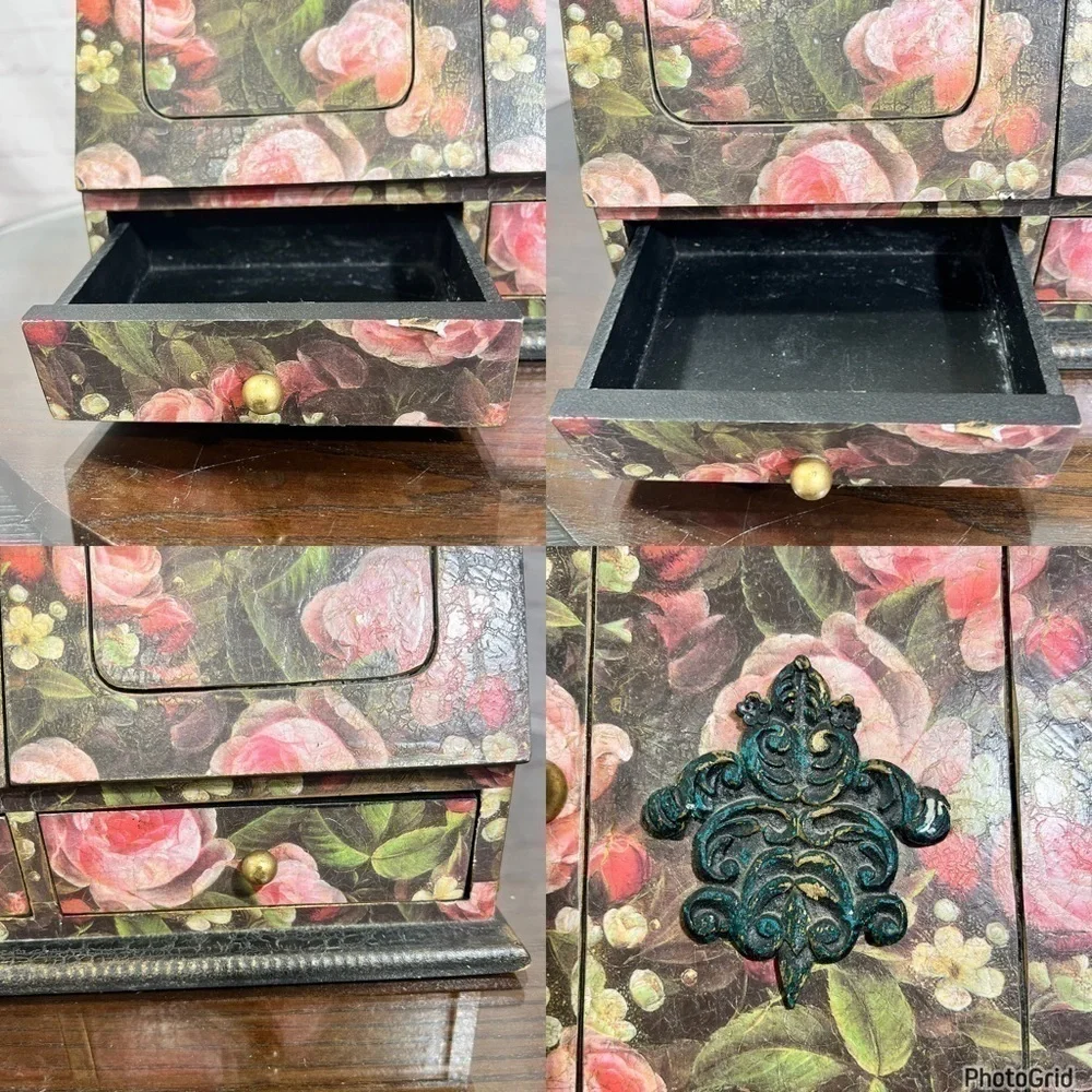 VINTAGE wooden Jewelry cabinet. Victorian look decoupaged. With a catch all